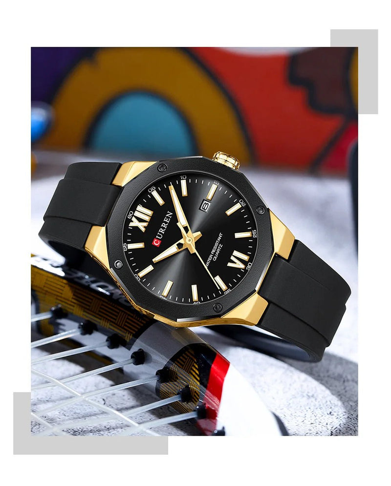 M-8465 Curren Black Dial golden Body black Silicone Strap Analog Quartz Men's Watch With Box & Bag - Timecheck