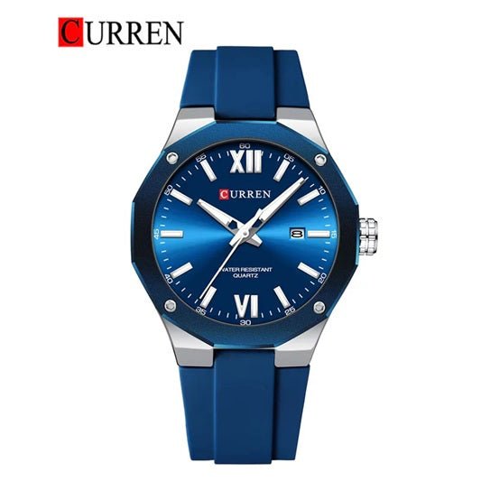 M-8465 Curren Blue Dial Silver Body Blue Silicone Strap Analog Quartz Men's Watch With Box & Bag - Timecheck