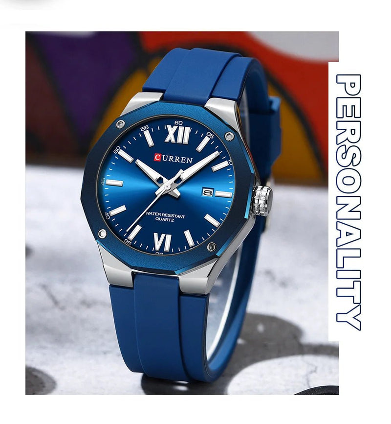 M-8465 Curren Blue Dial Silver Body Blue Silicone Strap Analog Quartz Men's Watch With Box & Bag - Timecheck