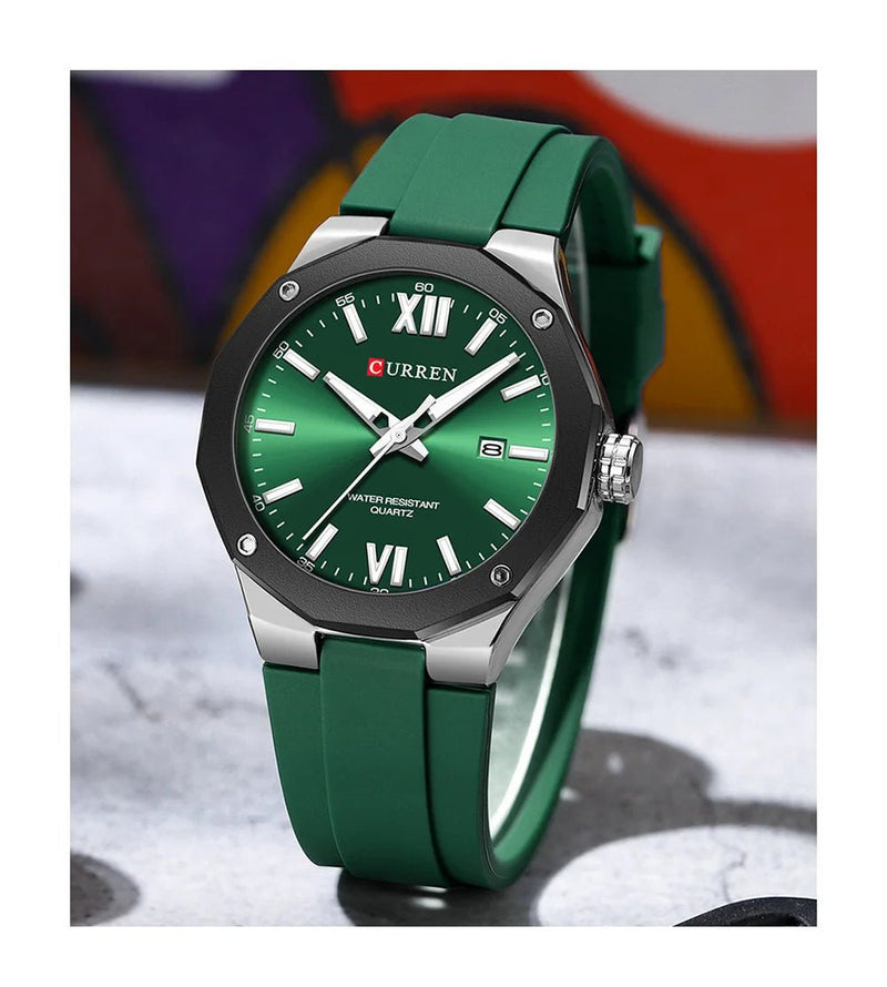 M-8465 Curren green Dial silver Body green Silicone Strap Analog Quartz Men's Watch With Box & Bag - Timecheck