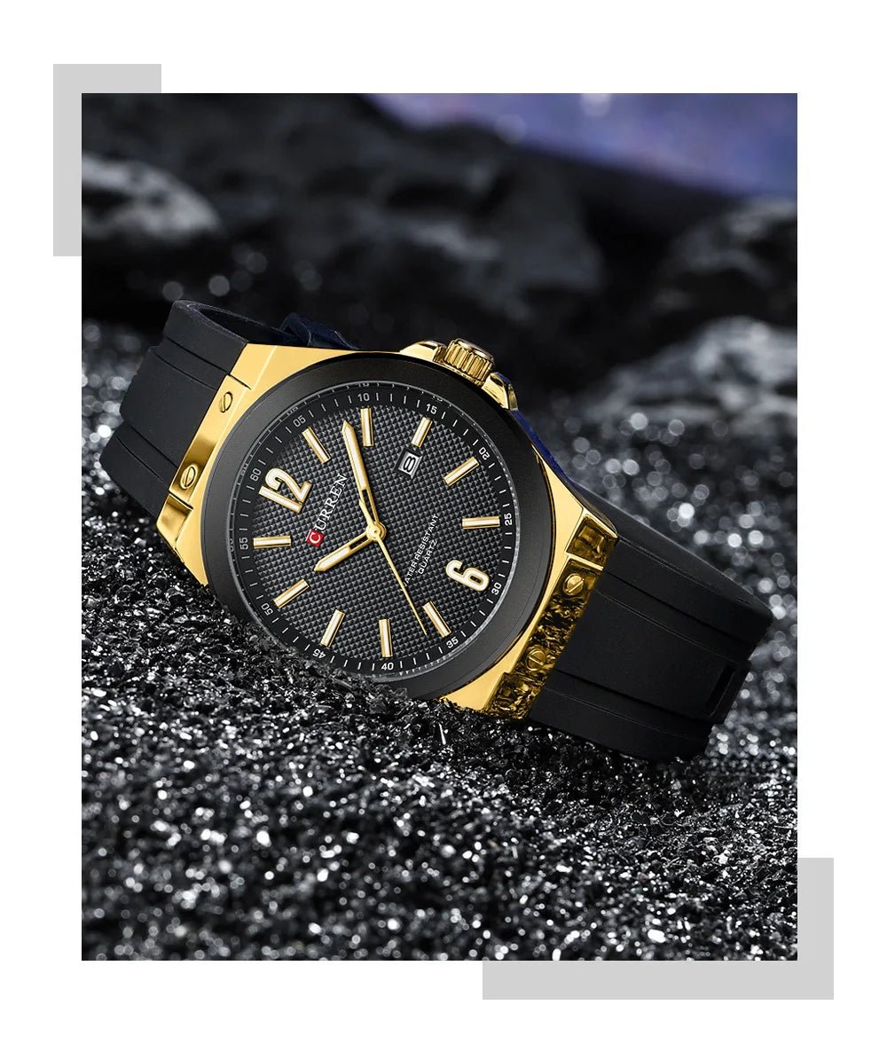 M-8467 Curren Black Dial Gold Body black Silicone Strap Analog Quartz Men's Watch With Box & Bag - Timecheck
