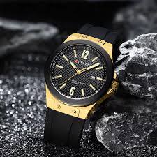 M-8467 Curren Black Dial Gold Body black Silicone Strap Analog Quartz Men's Watch With Box & Bag - Timecheck