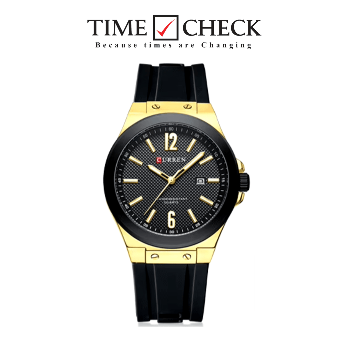 M-8467 Curren Black Dial Gold Body black Silicone Strap Analog Quartz Men's Watch With Box & Bag - Timecheck