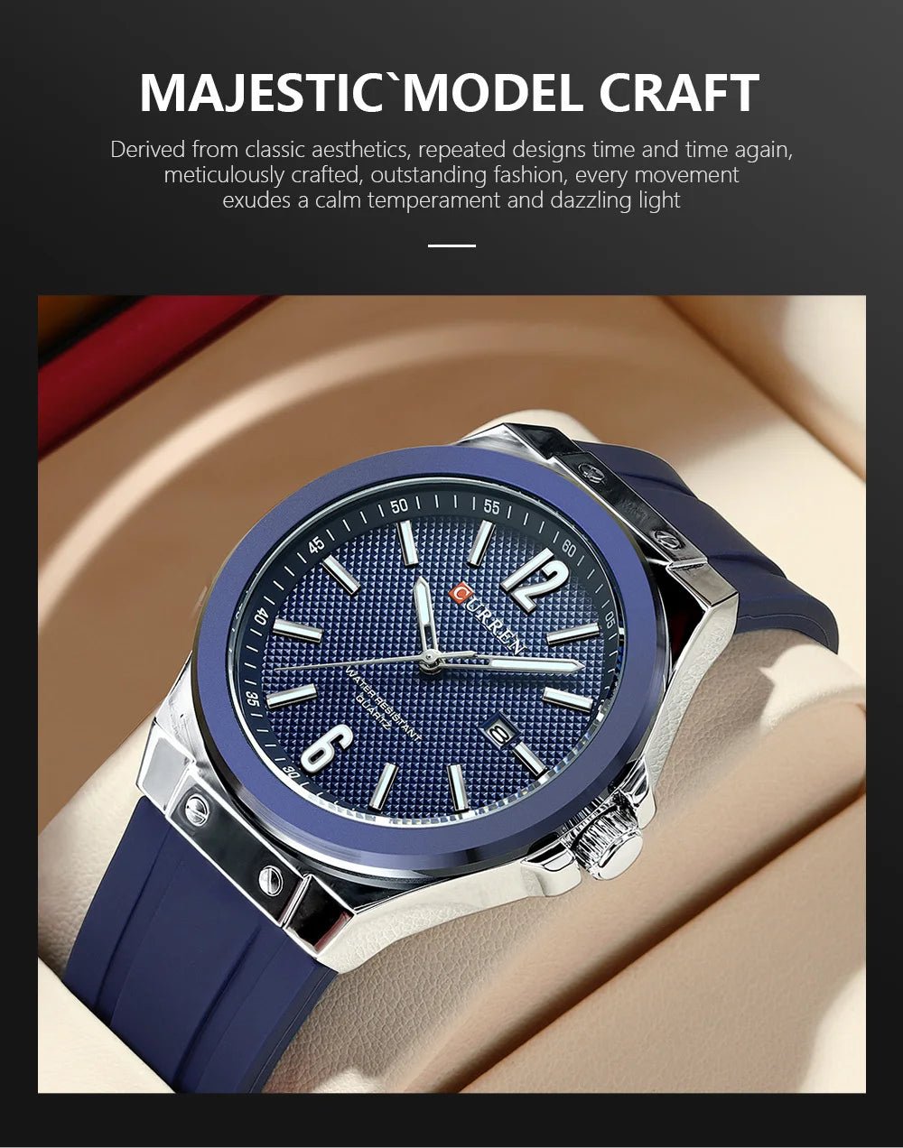 M-8467 Curren Blue Dial Silver Body Blue Silicone Strap Analog Quartz Men's Watch With Box & Bag - Timecheck