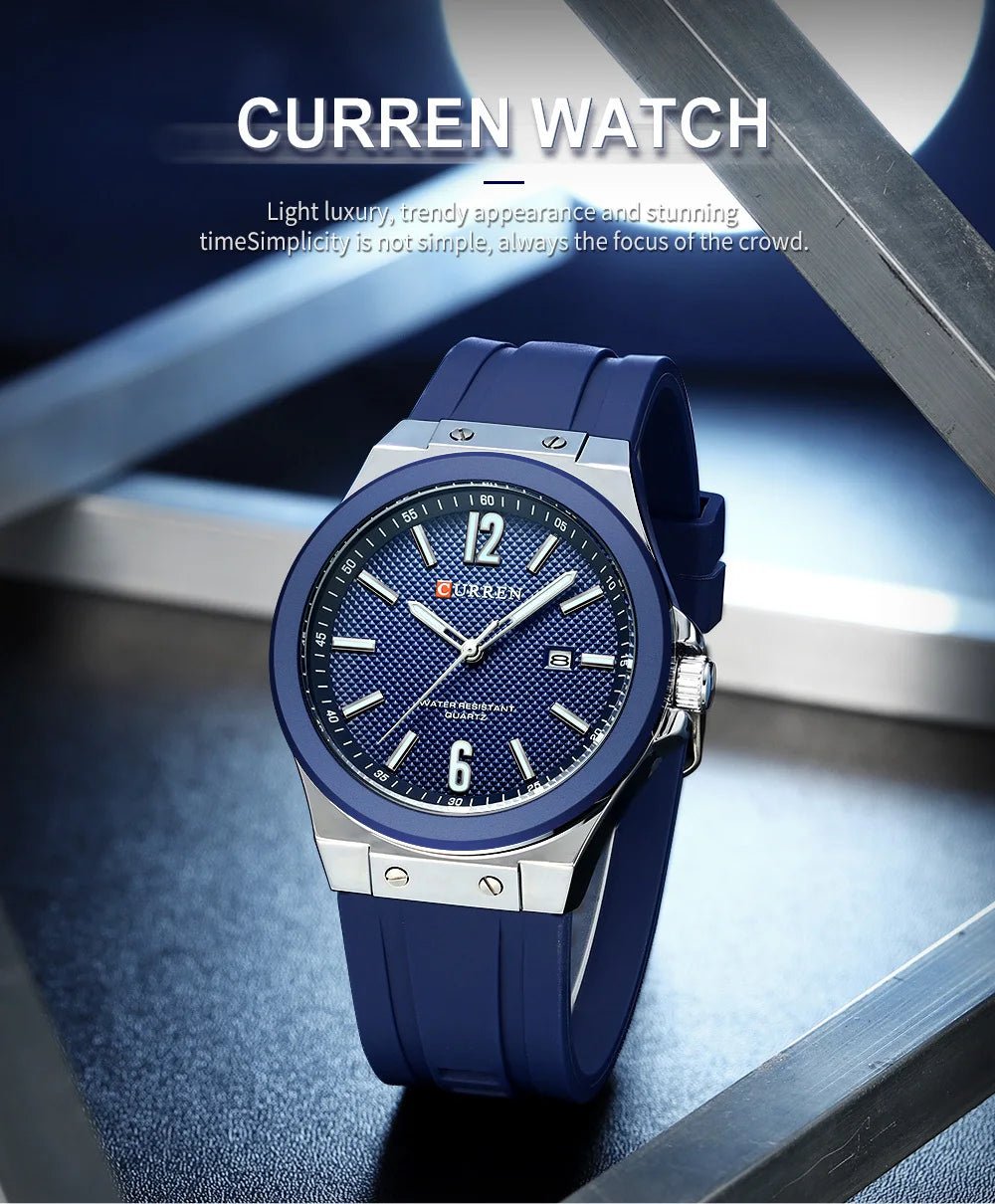 M-8467 Curren Blue Dial Silver Body Blue Silicone Strap Analog Quartz Men's Watch With Box & Bag - Timecheck