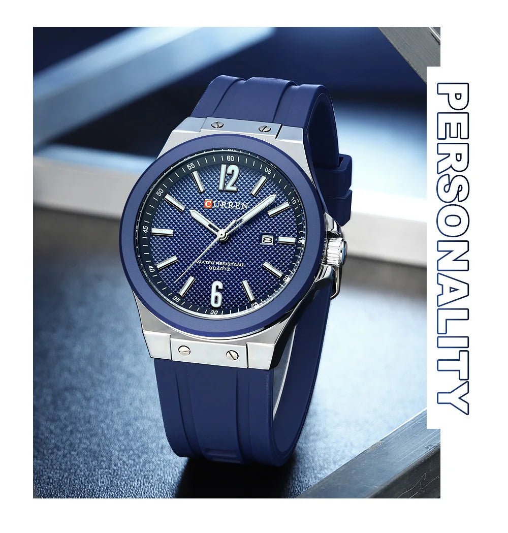 M-8467 Curren Blue Dial Silver Body Blue Silicone Strap Analog Quartz Men's Watch With Box & Bag - Timecheck