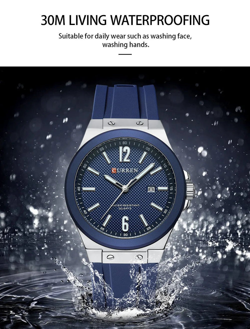 M-8467 Curren Blue Dial Silver Body Blue Silicone Strap Analog Quartz Men's Watch With Box & Bag - Timecheck