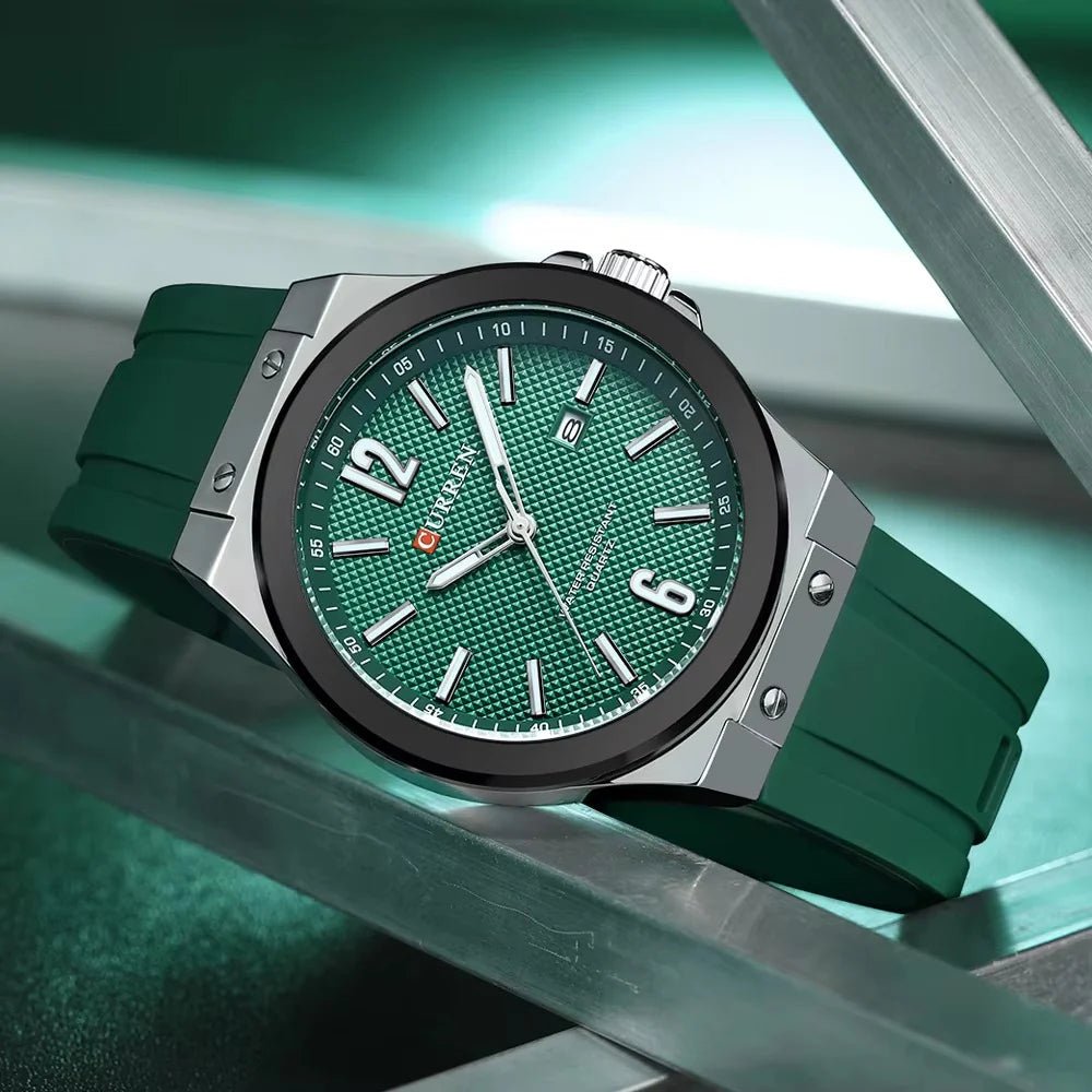 M-8467 Curren Green Dial Silver Body Green Silicone Strap Analog Quartz Men's Watch With Box & Bag - Timecheck
