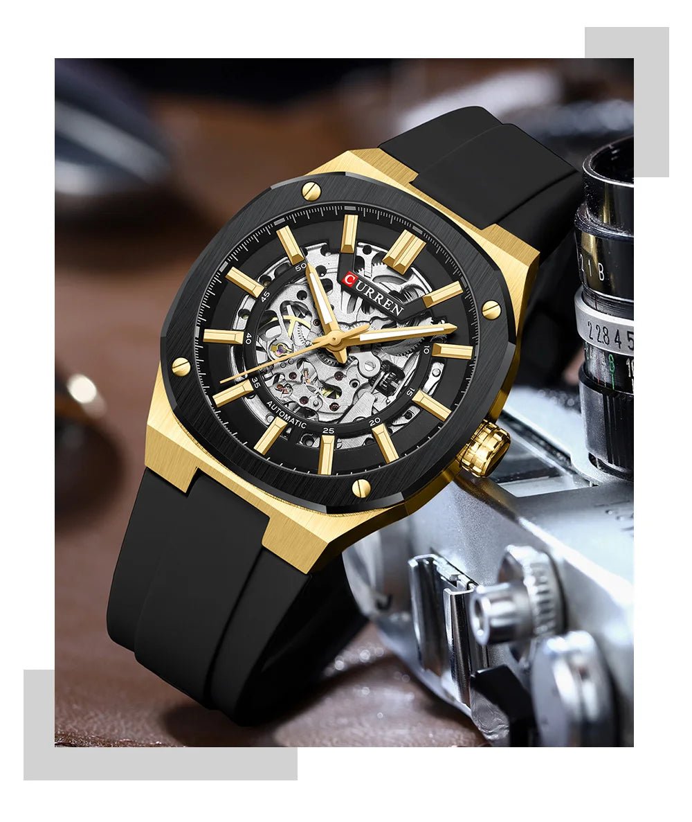 M-8485 Curren Black Dial Gold Body black Silicone Strap Automatic Self-Wind Men's Watch With Box & Bag - Timecheck