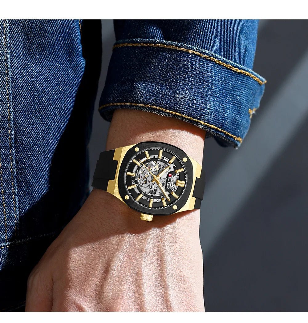 M-8485 Curren Black Dial Gold Body black Silicone Strap Automatic Self-Wind Men's Watch With Box & Bag - Timecheck