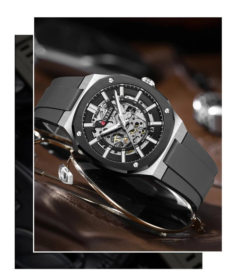 M-8485 Curren Black Dial Siler Body black Silicone Strap Automatic Self-Wind Men's Watch With Box & Bag - Timecheck