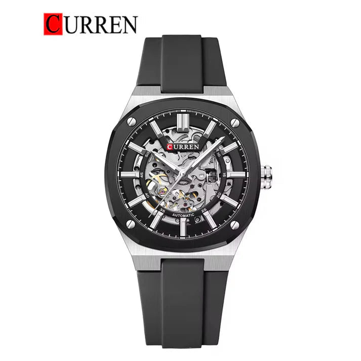 M-8485 Curren Black Dial Siler Body black Silicone Strap Automatic Self-Wind Men's Watch With Box & Bag - Timecheck