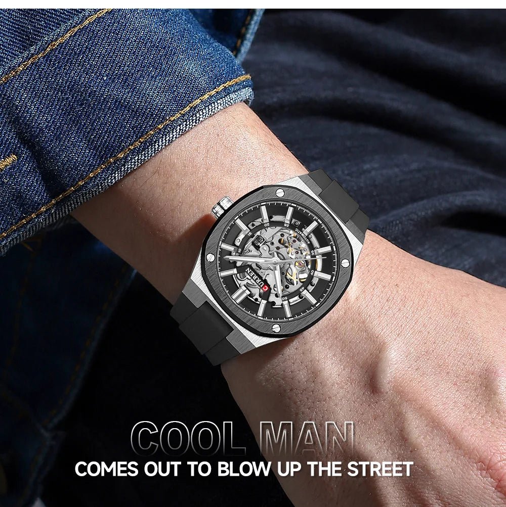 M-8485 Curren Black Dial Siler Body black Silicone Strap Automatic Self-Wind Men's Watch With Box & Bag - Timecheck