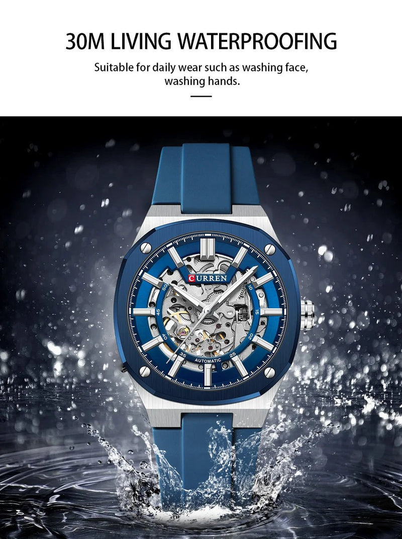 M-8485 Curren Blue Dial Silver Body Blue Silicone Strap Automatic Self-Wind Men's Watch With Box & Bag - Timecheck