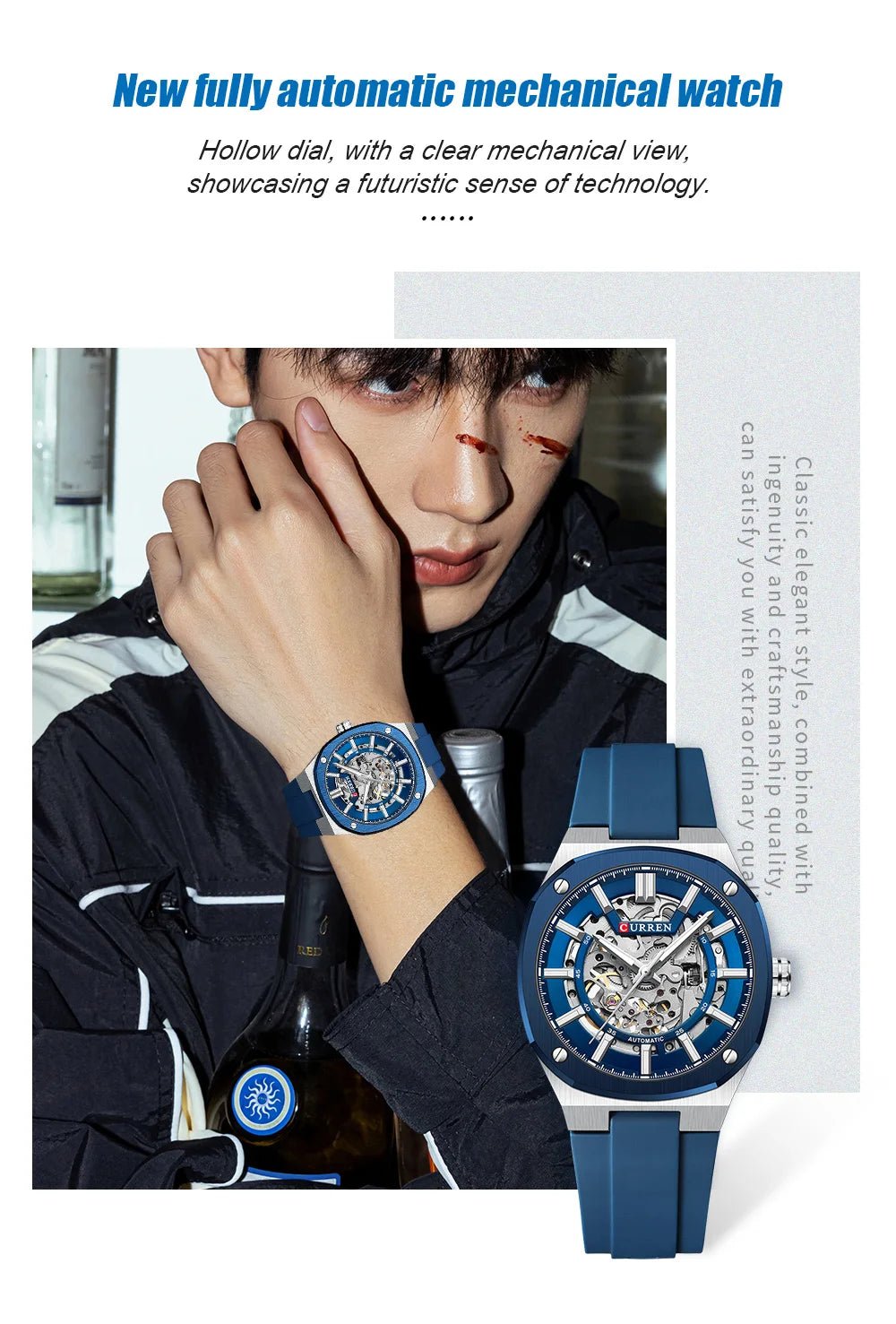 M-8485 Curren Blue Dial Silver Body Blue Silicone Strap Automatic Self-Wind Men's Watch With Box & Bag - Timecheck