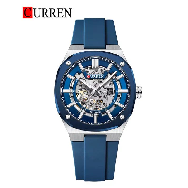 M-8485 Curren Blue Dial Silver Body Blue Silicone Strap Automatic Self-Wind Men's Watch With Box & Bag - Timecheck