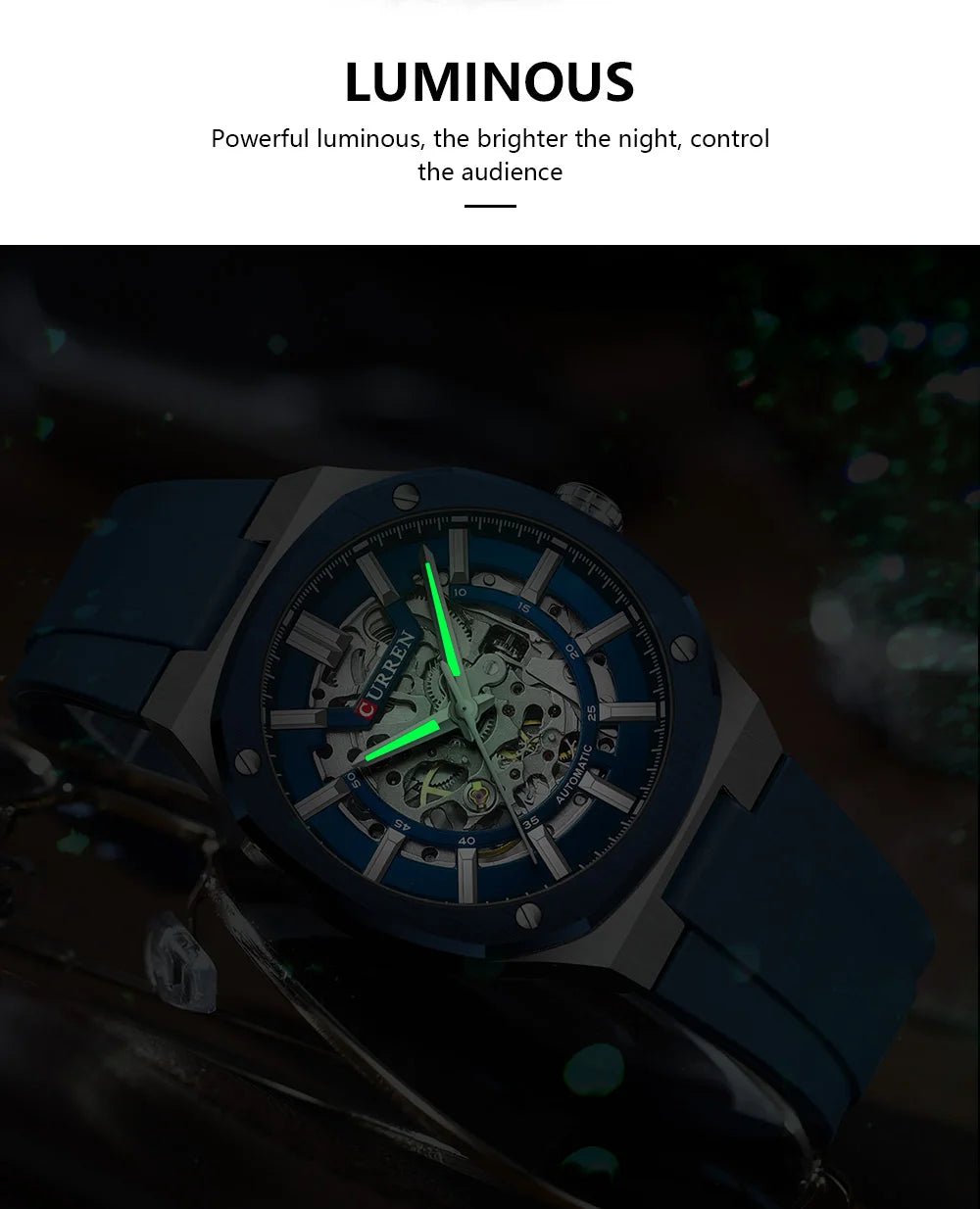 M-8485 Curren Blue Dial Silver Body Blue Silicone Strap Automatic Self-Wind Men's Watch With Box & Bag - Timecheck