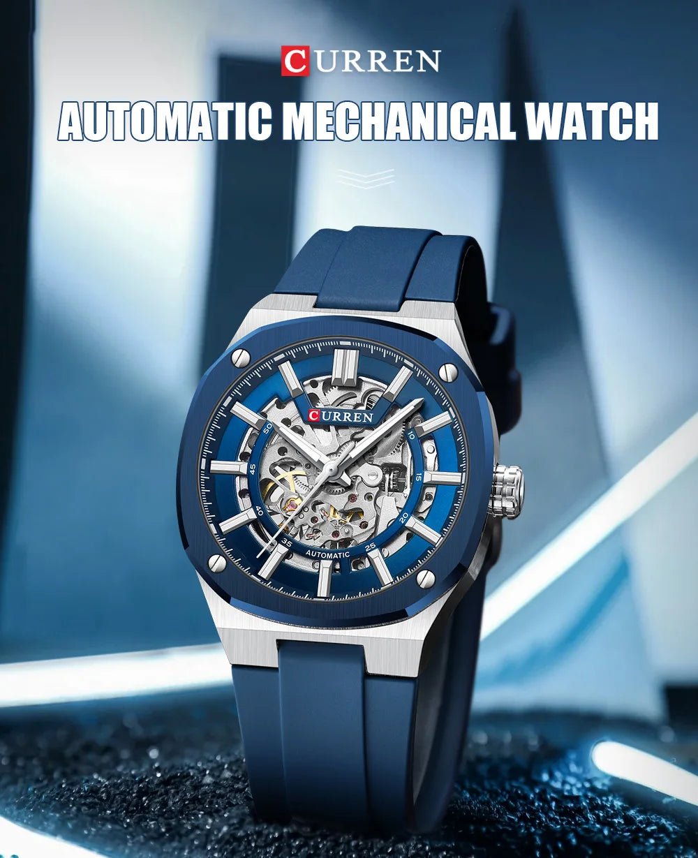 M-8485 Curren Blue Dial Silver Body Blue Silicone Strap Automatic Self-Wind Men's Watch With Box & Bag - Timecheck