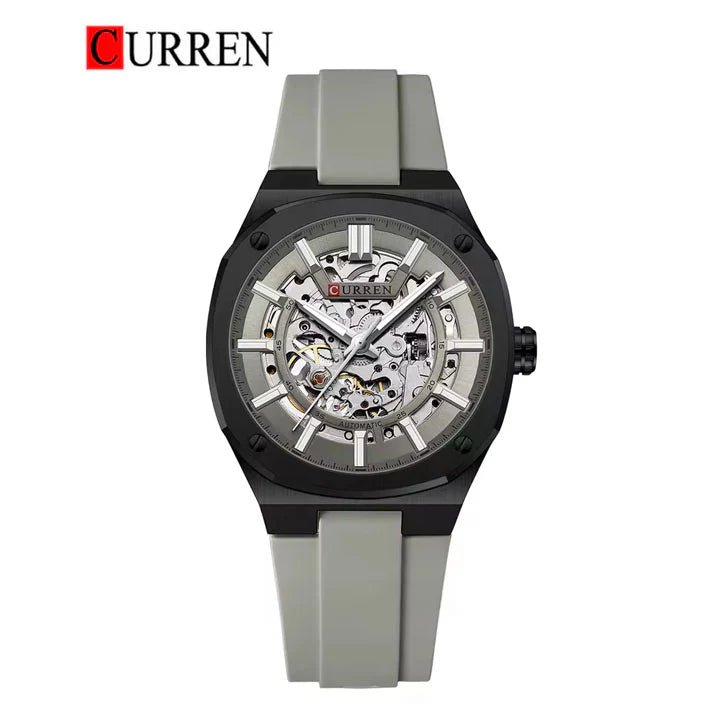 M-8485 Curren Grey Dial Black Body Grey Silicone Strap Automatic Self-Wind Men's Watch With Box & Bag - Timecheck