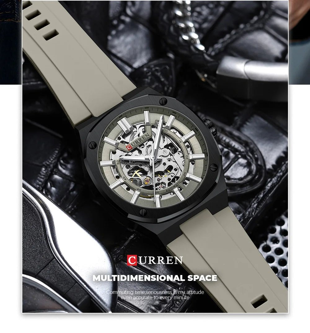 M-8485 Curren Grey Dial Black Body Grey Silicone Strap Automatic Self-Wind Men's Watch With Box & Bag - Timecheck