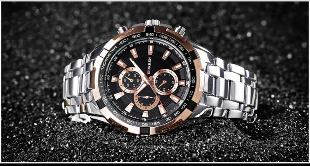 M:8023 Curren Black Dial Rose Silver Steel Chain Analog Quartz Watch WITH BOX & BAG - Timecheck