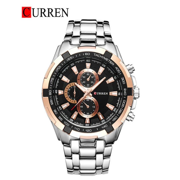 M:8023 Curren Black Dial Rose Silver Steel Chain Analog Quartz Watch WITH BOX & BAG - Timecheck