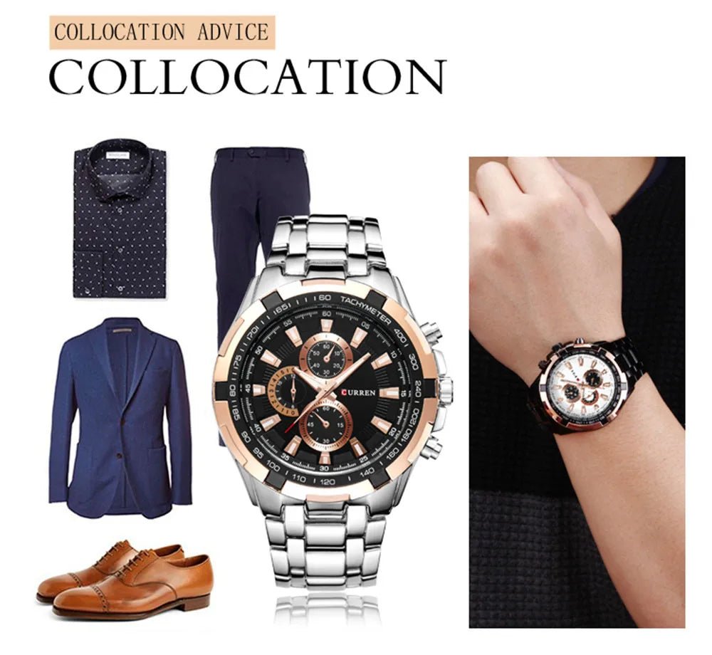 M:8023 Curren Black Dial Rose Silver Steel Chain Analog Quartz Watch WITH BOX & BAG - Timecheck