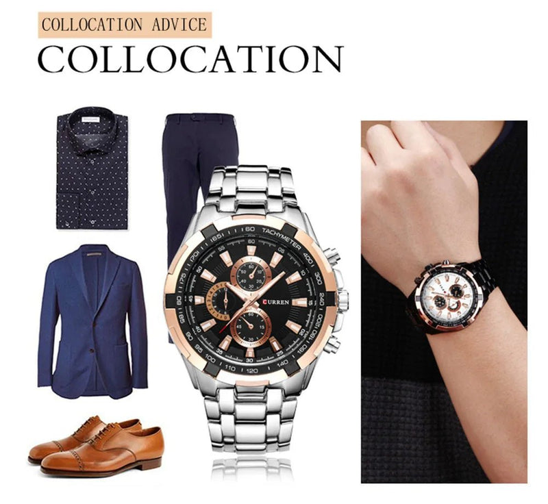 M:8023 Curren Black Dial Rose Silver Steel Chain Analog Quartz Watch WITH BOX & BAG - Timecheck