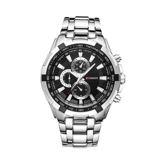 M:8023 Curren Black Dial Silver Steel Chain Chronograph Analog Quartz Watch WITH BOX & BAG - Timecheck