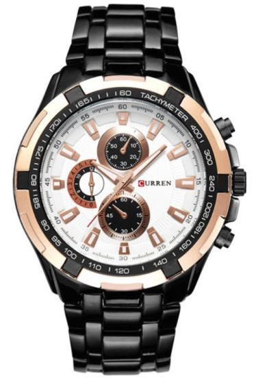 M:8023 Curren White Dial Black Steel Chain Analog Quartz Watch WITH BOX & BAG - Timecheck