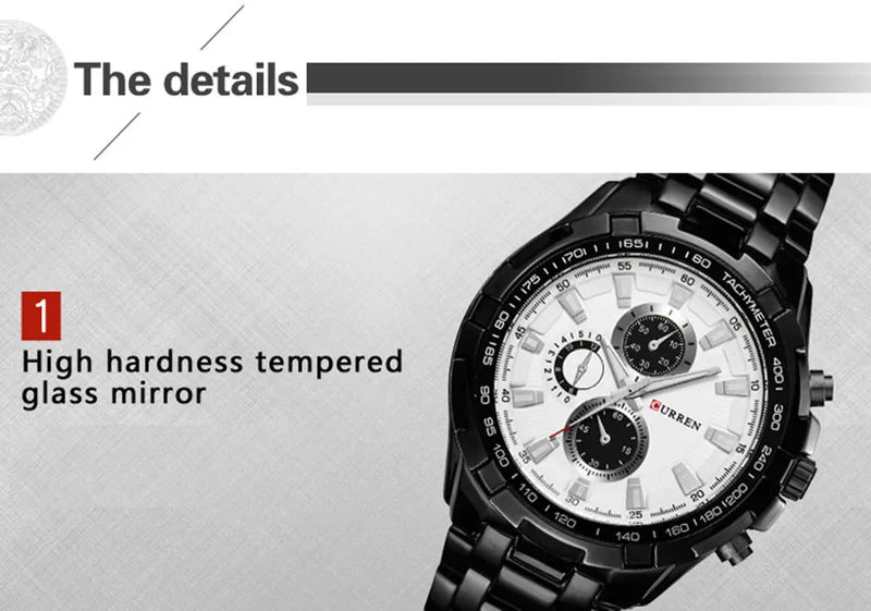 M:8023 Curren White Dial Black Steel Chain Analog Quartz Watch WITH BOX & BAG - Timecheck