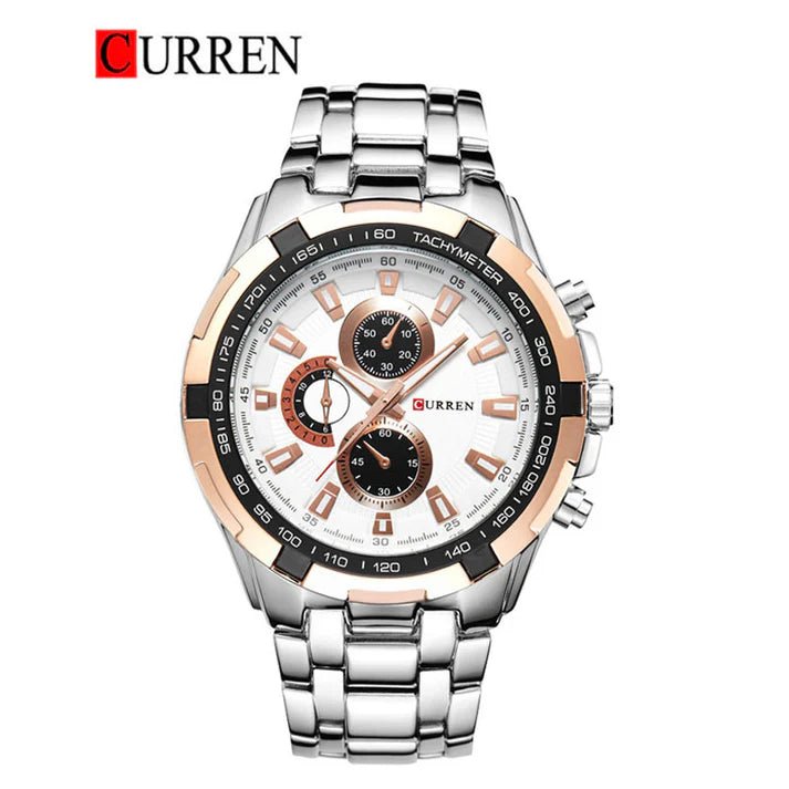 M:8023 Curren White Dial Silver Steel Chain Analog Quartz Watch WITH BOX & BAG - Timecheck