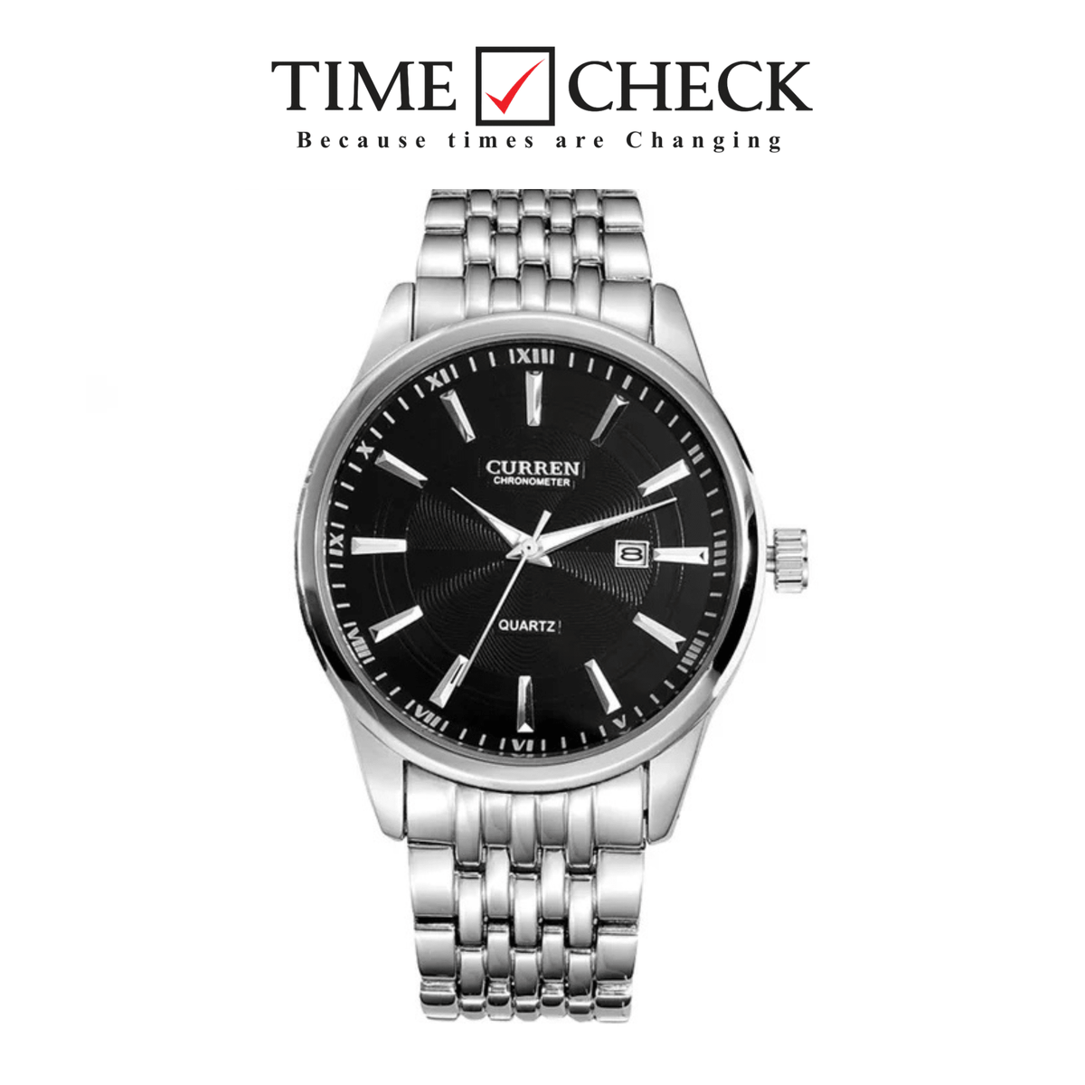 M:8052 Curren Black Dial Silver Stainless Steel Chain Analog Quartz Men's Watch With Box & Bag - Timecheck