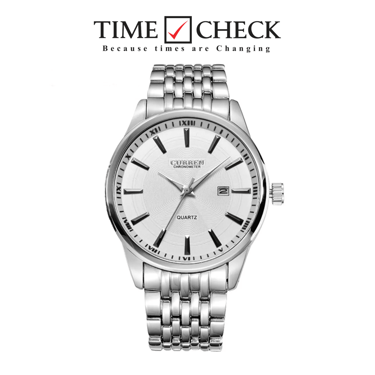 M:8052 Curren White Dial Silver Stainless Steel Chain Analog Quartz Men's Watch With Box & Bag - Timecheck