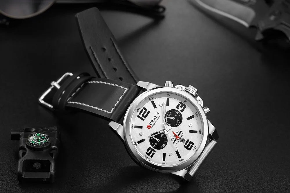 M:8314 Curren White Dial Black Leather Strap Chronograph Analog Quartz Men's Watch. - Timecheck