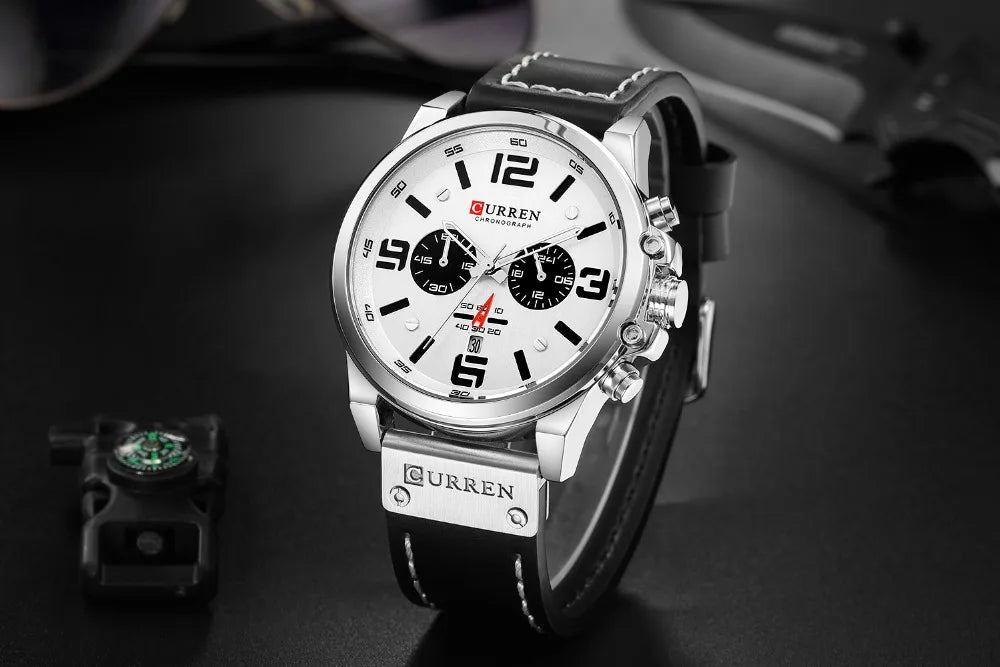 M:8314 Curren White Dial Black Leather Strap Chronograph Analog Quartz Men's Watch. - Timecheck