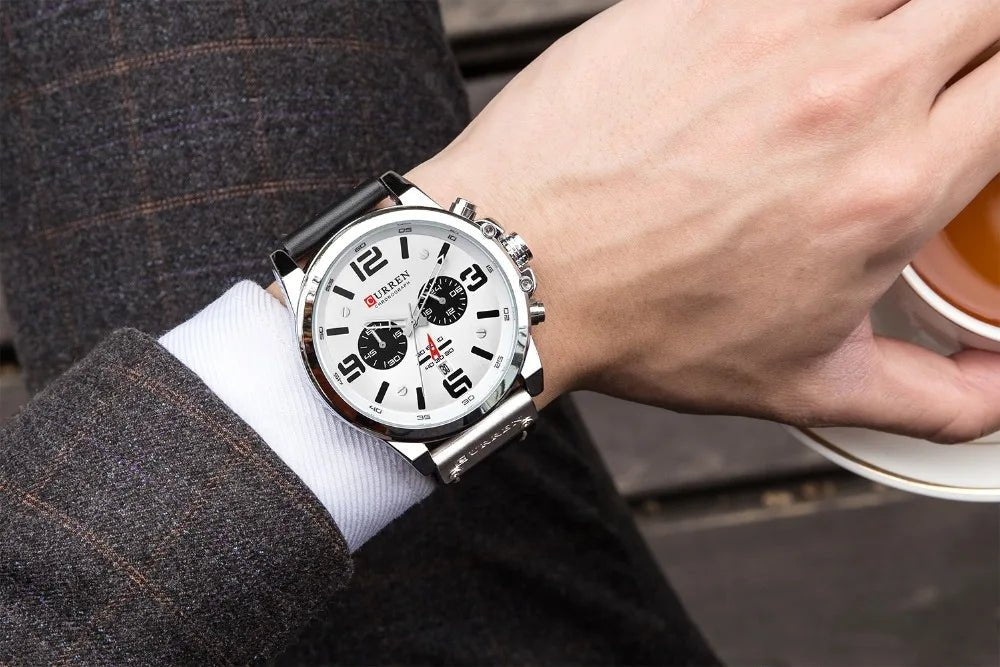 M:8314 Curren White Dial Black Leather Strap Chronograph Analog Quartz Men's Watch. - Timecheck