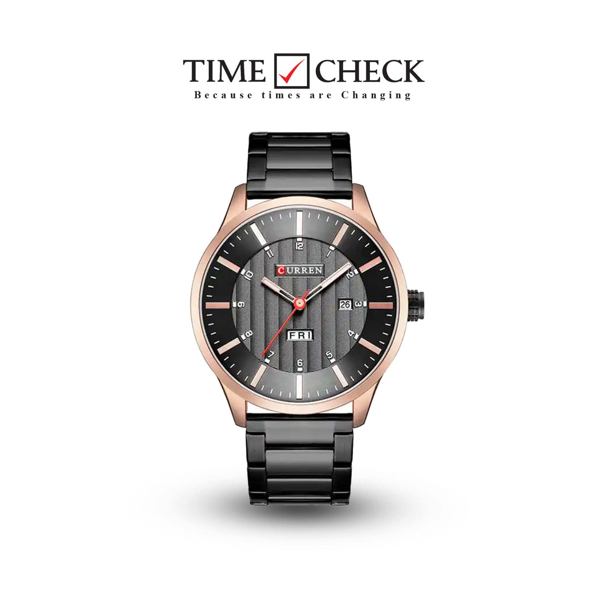 M:8316 Cureen Black Dial Black Stainless Steel Day&Date Analog Quartz Men's Watch. - Timecheck