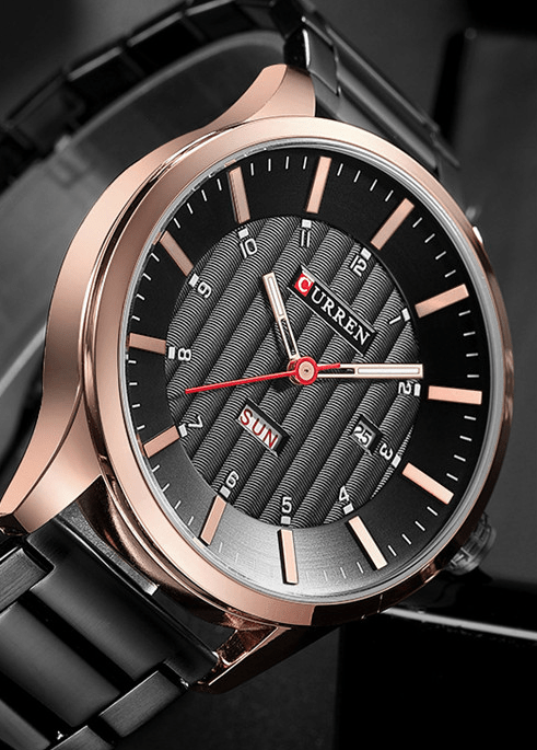 M:8316 Cureen Black Dial Black Stainless Steel Day&Date Analog Quartz Men's Watch. - Timecheck