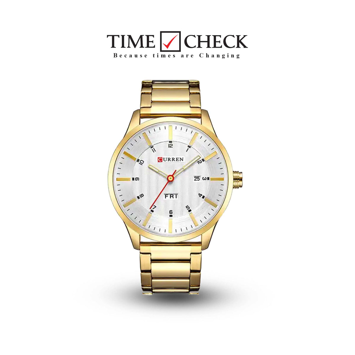 M:8316 Cureen White Dial Golden Stainless Steel Day&Date Analog Quartz Men's Watch. - Timecheck