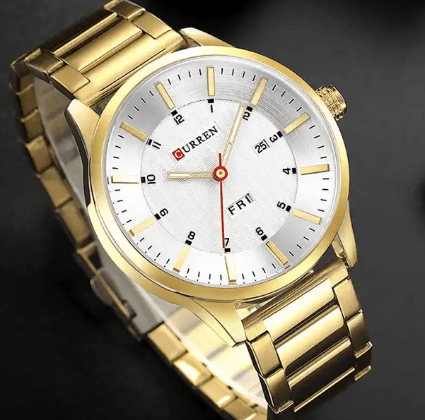 M:8316 Cureen White Dial Golden Stainless Steel Day&Date Analog Quartz Men's Watch. - Timecheck