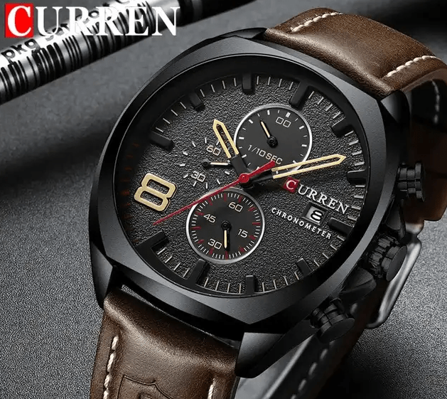 M:8324 Curren Black Dial Brown Leather Strap Chronograph Analog Quartz Men's Watch. - Timecheck