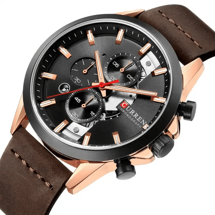 M:8325 Curren Black Dial Brown Leather Strap Chronograph Analog Quartz Men's Watch. - Timecheck