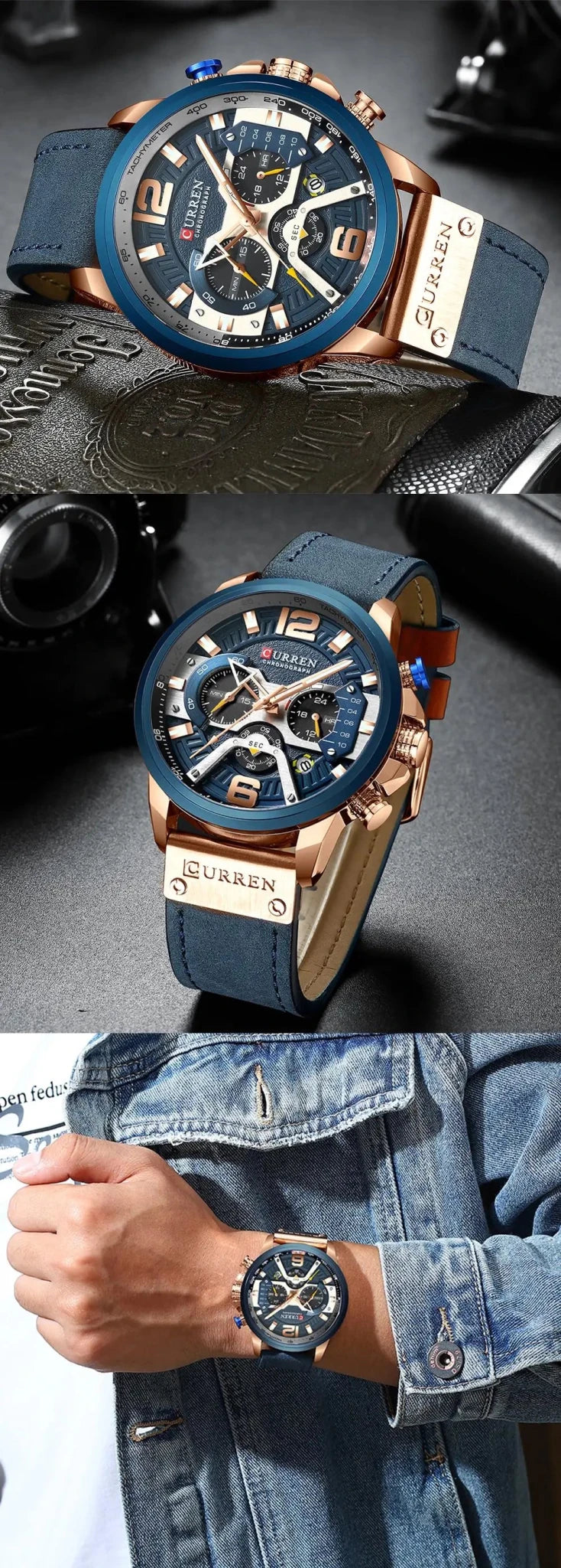 M:8329 Curren blue Dial blue leather Strap Chronograph Analog Quartz Men's Watch with {box&bag} - Timecheck