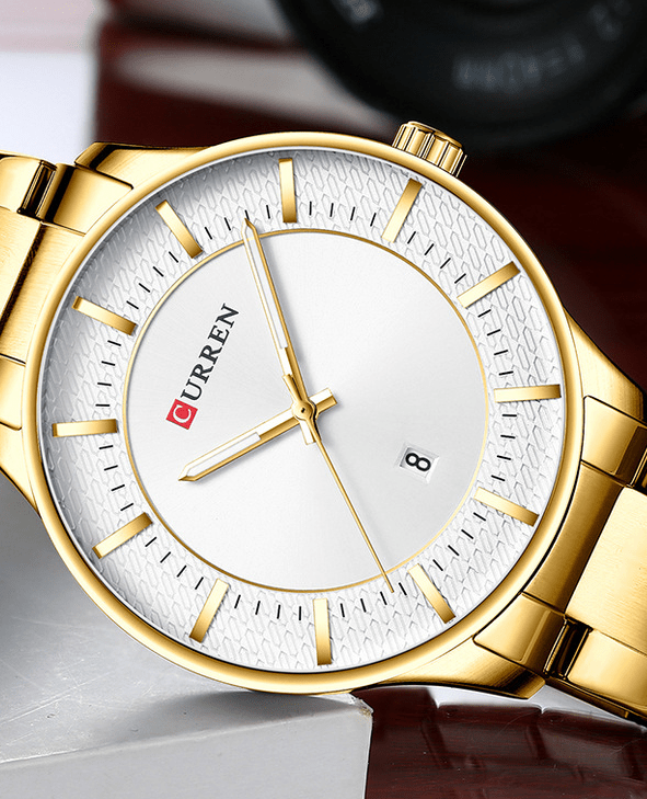 M:8347 Curren White Dial Golden Stainless Steel with Date Analog Quartz Men's Watch. - Timecheck