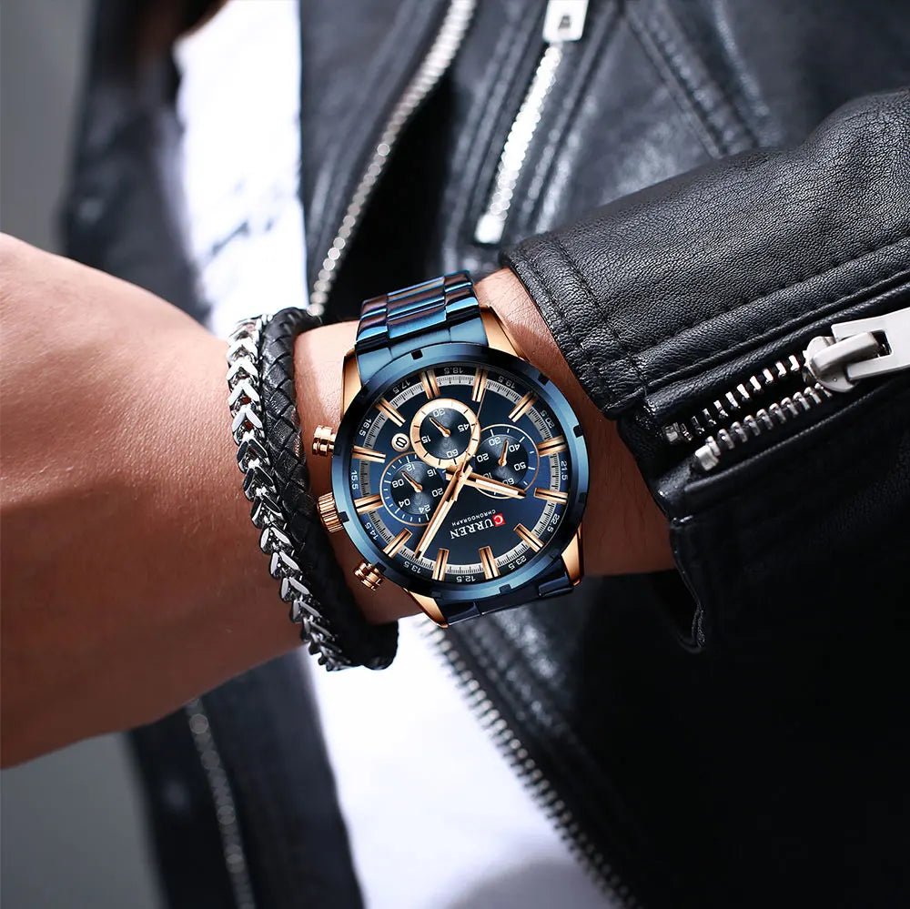 M:8355 Curren Blue Dial Blue Stainless Steel Chain Chronograph Quartz Men's Watch. - Timecheck