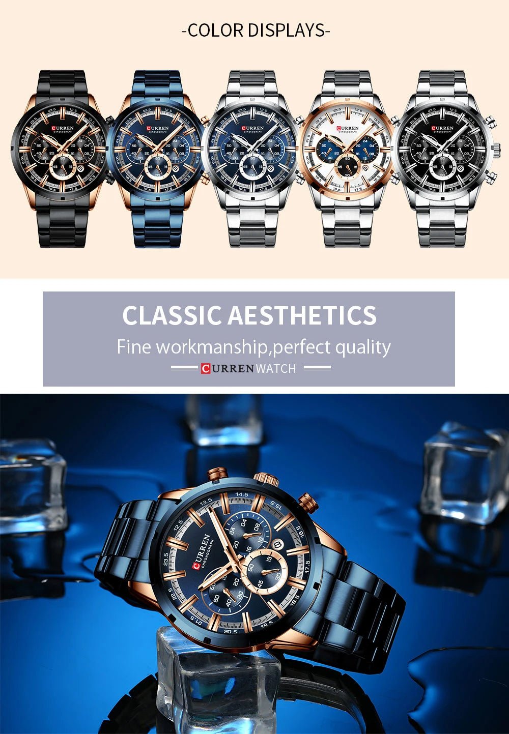 M:8355 Curren Blue Dial Blue Stainless Steel Chain Chronograph Quartz Men's Watch. - Timecheck