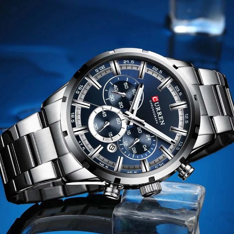 M:8355 Curren BLUE Dial Silver Stainless Steel Chain Chronograph Quartz Men's Watch. - Timecheck