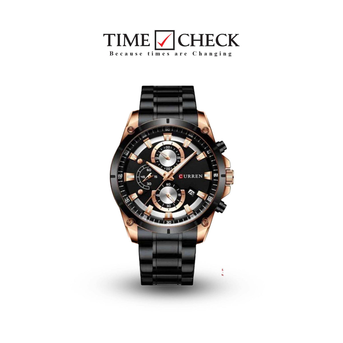 M:8360 Curren Black Dial Black Steel Chain Chronograph Analog Quartz Watch. - Timecheck