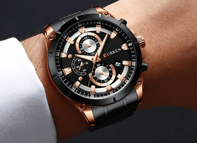 M:8360 Curren Black Dial Black Steel Chain Chronograph Analog Quartz Watch. - Timecheck